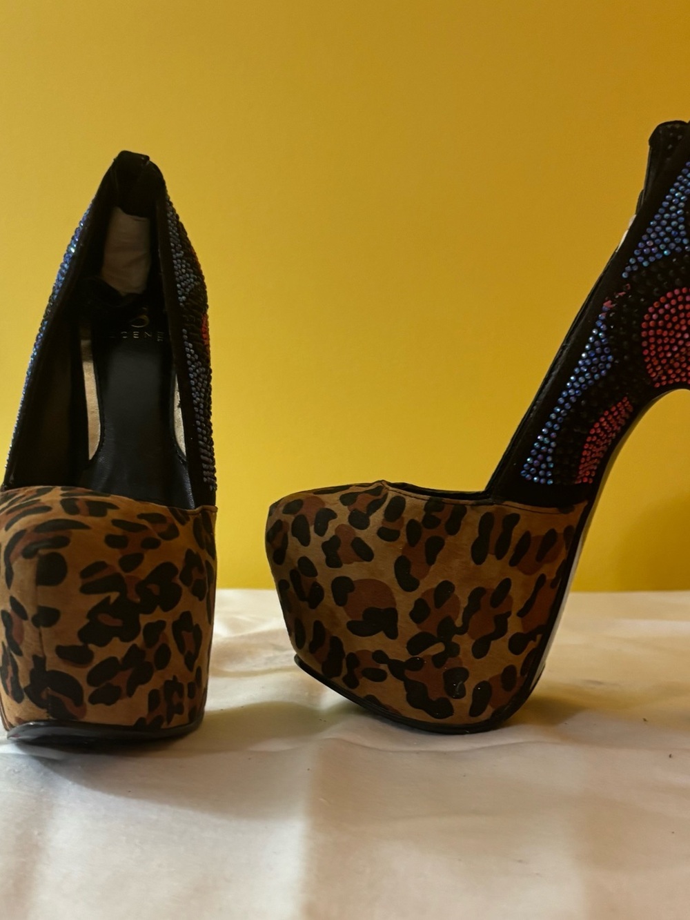 Shoe Dazzle Leopard-Print Platform Pumps with Multicolor Rhinestones